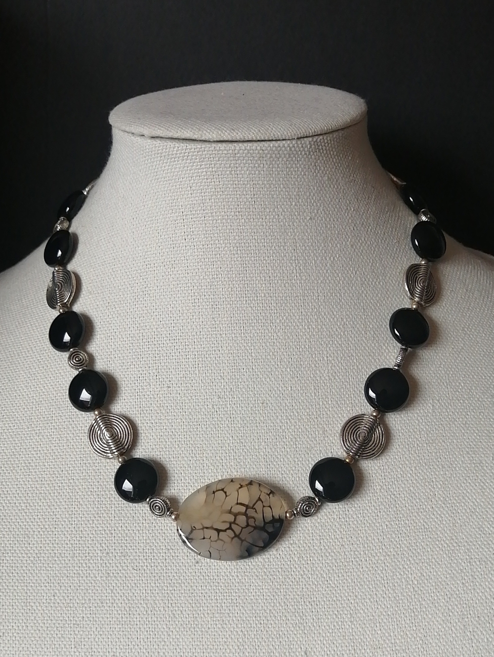 Boho-style Statement Handcrafted Necklace Black Glossy Silvertone Beads Accents